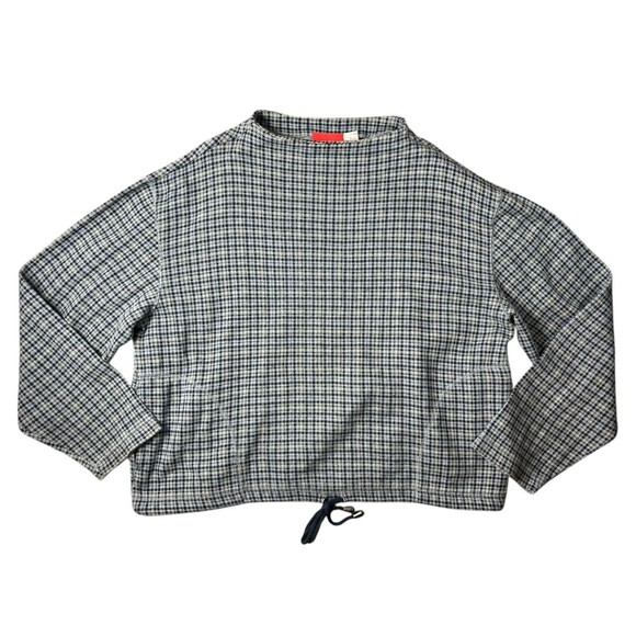 Vintage Liz & Co Drawstring Hem Knit Top with Pockets  Size L  Blue Houndstooth - Picture 2 of 11